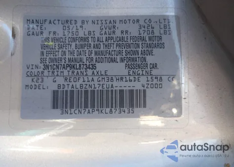 2019 Nissan Versa 1.6 Sv z USA, uszkodzony, nr VIN 3N1CN7AP9KL873435